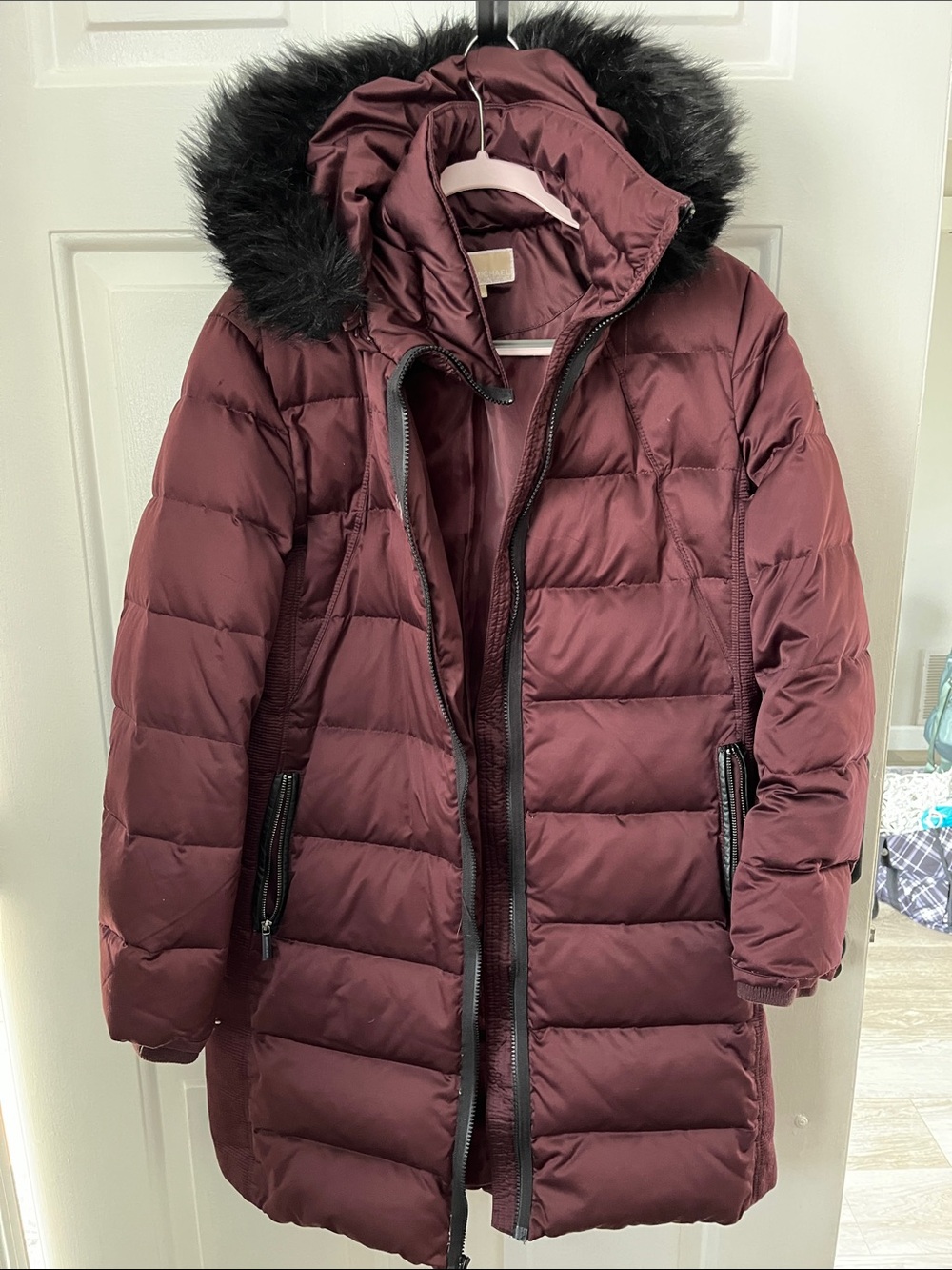 Michael Kors Burgundy Quilted Hooded Puffer Coat with Black Faux Fur Trim